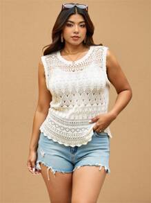 SHEIN Frenchy Top de punto sin mangas con apertura en la espalda y botones decorativos para mujer de talla grande, para el verano - Beis - Ver 5