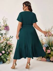 Cravure Plus Size Women's V-Neck Short Sleeve Patchwork Ruffle Hem Casual Fashion Midi Dress, Wedding