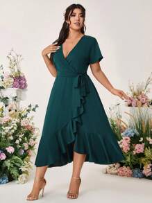 Cravure Plus Size Women's V-Neck Short Sleeve Patchwork Ruffle Hem Casual Fashion Midi Dress, Wedding