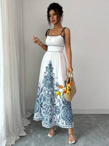 SHEIN LUNE Summer New White Paisley Print Spaghetti Strap Midi Dress, Slim Waist Elegant Covering Midsection - Multicolor - View 6