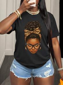 BamGleam Women's Casual Short Sleeve T-Shirt With Character Print, Suitable For Summer Graphic Cheetah Print Tees Women Tops