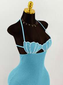 Amplova 珍珠贝壳挂脖露背迷你紧身连衣裙