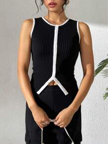 SHEIN LUNE Contrast Ribbed Rib Knit Sleeveless Top, Fitted Waist Split Hem Women Casual Slim Fit Top - Black - View 3