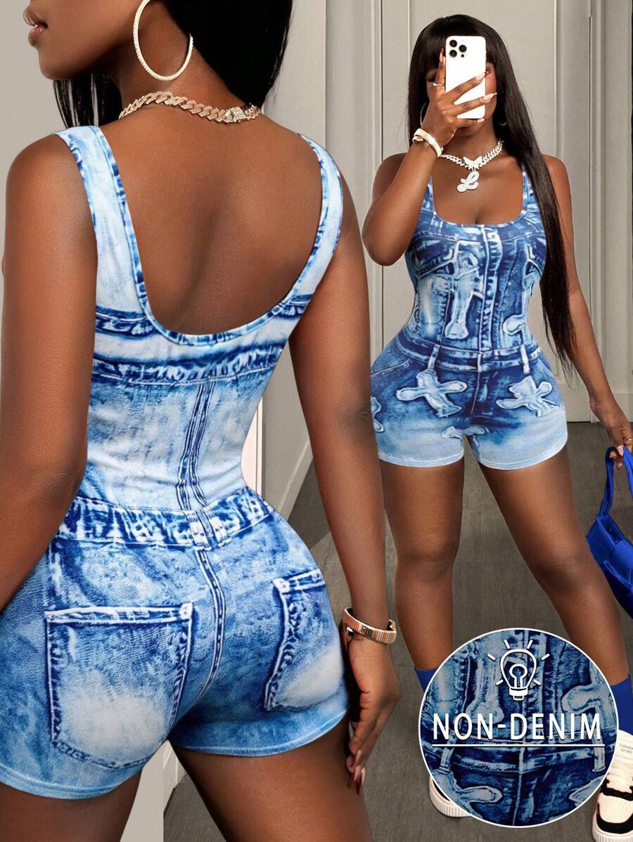 BamGleam Bộ đồ liền thân in họa tiết denim toàn thân cho nữ - Nhiều màu - Xem 1