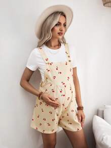 SHEIN Maternity 2-Piece Set: White Round Neck Short Sleeve T-Shirt & Cherry Print Suspender Pants - Yellow - View 6