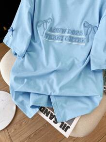 SHEIN 超大中长款女士T恤，韩版字母刺绣手工蝴蝶结设计 - 淺藍色 - 查看 3