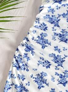 Tween Girl Vacation Floral Print Side Ruched Snug Fit Mini Dress, Fitted Waist, Strapless, Suitable For Party, Afternoon Tea, Fashionable For Spring/Summer - Blue - View 3