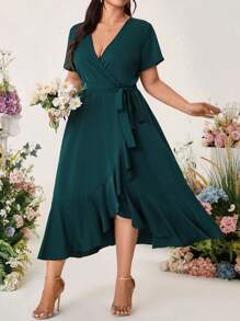 Cravure Plus Size Women's V-Neck Short Sleeve Patchwork Ruffle Hem Casual Fashion Midi Dress, Wedding