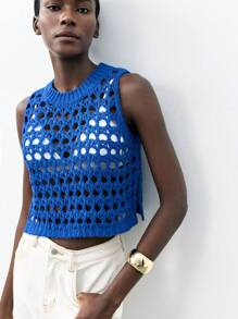 Maija 2026 Spring & Summer Outfits Solid Color Round Neck Side Slit Short Hollow See-Through Knitted Klein Blue Blouse, Vacation Style Women Clothes, For Outdoor Wear Sheer Top,Beach Outfit For Women,Vacation Outfits Women - Royal Blue - View 6