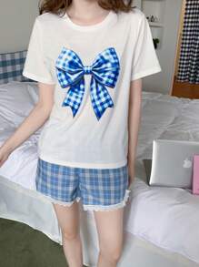 2pcs Teen Girls Cartoon Bowknot Print Plaid Short Sleeve Top & Shorts Colorblock Ruffle Trim Comfortable Casual Summer Pajamas Set - Blue and White - View 9