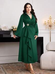 Modelyn Đầm dài tay thanh lịch họa tiết hoa kim loại màu trơn cỡ lớn cho nữ - Màu xanh lá cây đậm - Xem 7