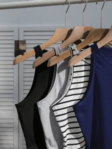 SHEIN EZwear 4pcs Women Casual Vests, Black, Navy Blue Floral, Gray, Black/White Stripe, Versatile Sexy Tight Fitting Tank Top, Summer Back To School