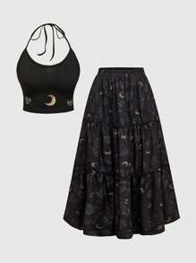 ROMWE Plus Size Gothic Moom & Plant Print Vintage 2 Pieces Set For Women - Camisole And Mini Skirt - Black - View 1