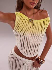 SHEIN BAE Women's White And Yellow Asymmetric Neck Strapless Knit Tops,Slouchy Boho Summer Casual Resort Woolen Knit,Street Wear Vacation Holiday - Multicolor - View 4