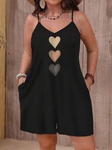 EMERY ROSE 大码简约纹理吊带度假风三色渐变心形图案夏季休闲斜口袋连体裤