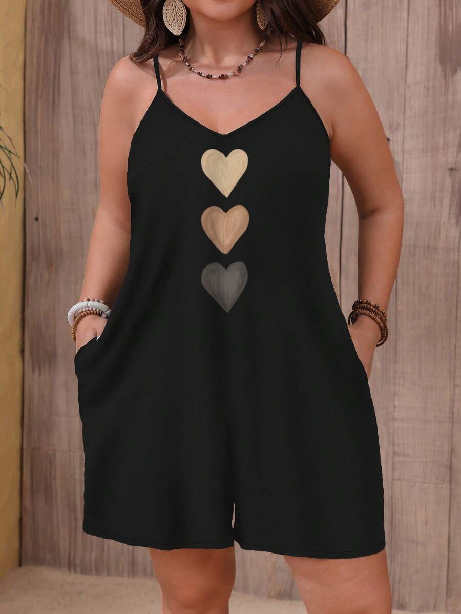 EMERY ROSE 大码简约纹理吊带度假风三色渐变心形图案夏季休闲斜口袋连体裤