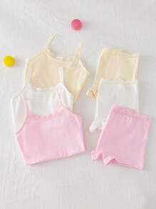 6pcs/Set Young Girl Basic Sweet Simple Lace Trim Camisole And Lace Trim Boyshort Underwear Set Girls Tank Top Set Summer Girls Sets Girls Underwear Set Kids Two Piece Set Fall Winter