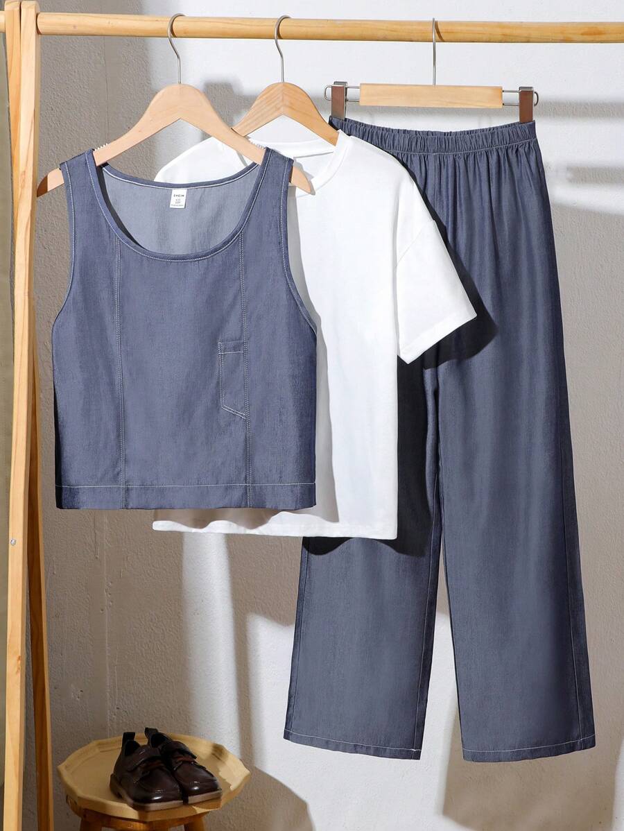 SHEIN 3-teiliges Sommer-Outfit-Set für Mädchen im Teenageralter, kurzärmliges T-Shirt + blaues Tanktop + blaue Hose mit weitem Bein, lässige Alltagskleidung - Verschiedenfarbig - Übersicht 1