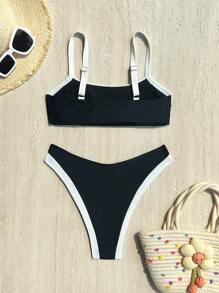 Swim Basics Bộ đồ bơi bikini hở lưng cao 2 mảnh nhiều màu đen trắng, đồ bơi đi biển cho nữ - Đen và trắng - Xem 3