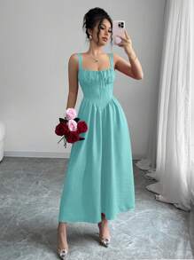 Rafferiza 女款红色纯色情人节度假休闲连衣裙荷叶边前系带蝴蝶结可爱优雅吊带后背不对称腰部修身A字下摆2025夏季新款长裙 - 薄荷藍 - 查看 7