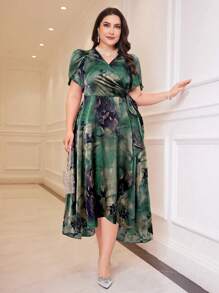 Modelyn Vestido midi de talla grande para mujer con escote en V, manga corta y cintura ceñida con estampado