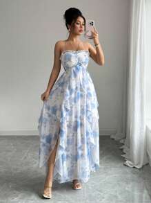 Elenzga 女式优雅度假无袖不对称下摆开衩 A 字形连衣裙，春夏