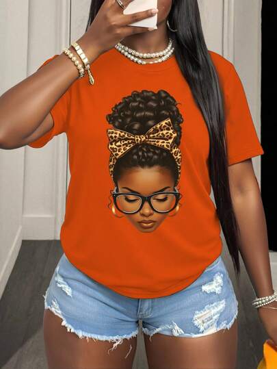 BamGleam Women's Slim Fit Casual Figure Print Round Neck Short Sleeve T-Shirt Graphic Print