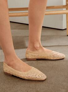 SHUZIA Ladies Crochet Raffia Ballet Flats For Summer Vacation For Christmas Valentine's Day - Beige - View 6