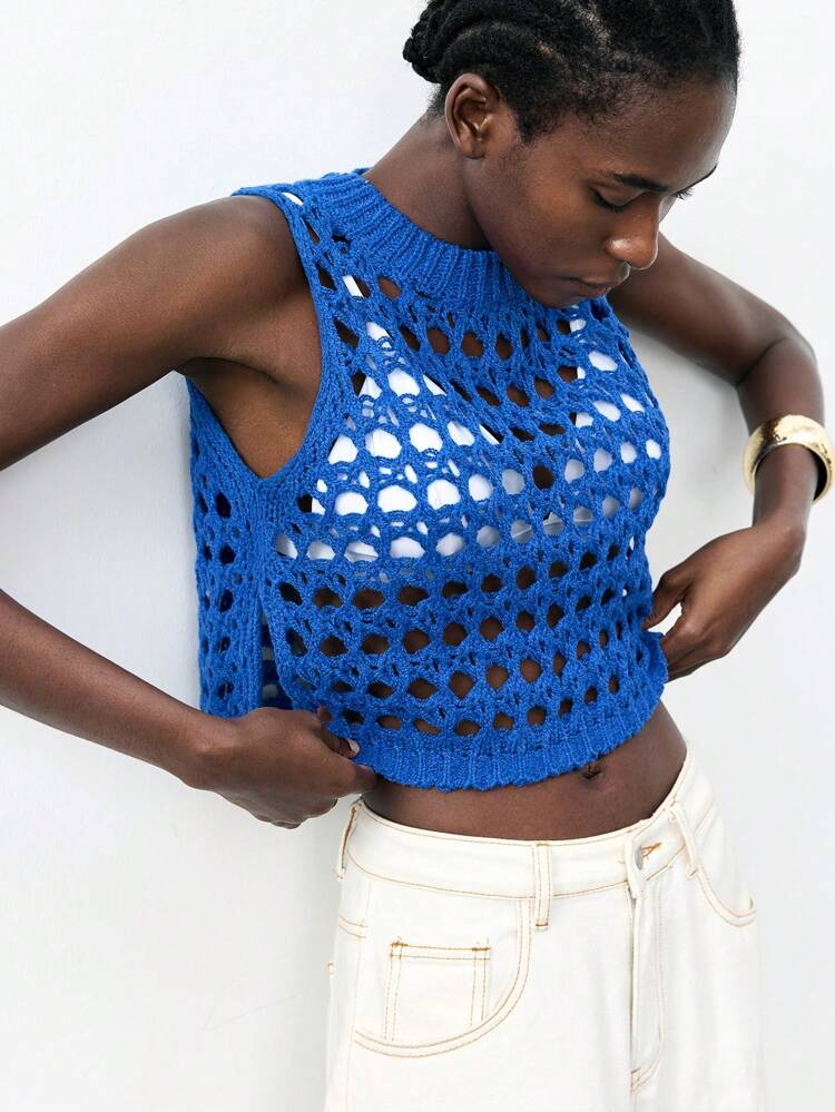 SHEIN Maija 2026 Primavera y Verano Blusa de punto de unicolor con cuello redondo, abertura lateral, corta y transparente en color azul Klein, estilo de vacaciones, para uso al aire libre, blusa transparente, playa, vacaciones