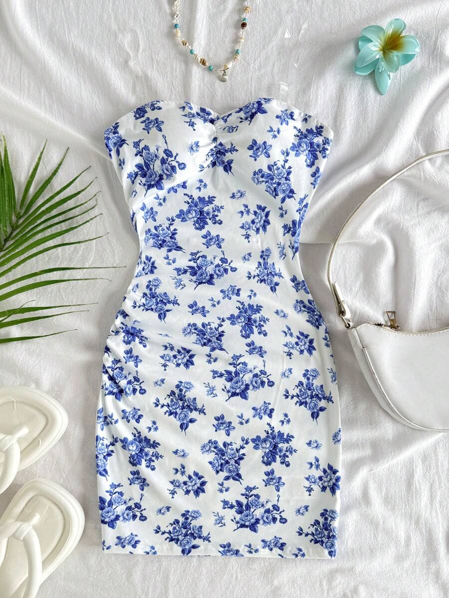 Tween Girl Vacation Floral Print Side Ruched Snug Fit Mini Dress, Fitted Waist, Strapless, Suitable For Party, Afternoon Tea, Fashionable For Spring/Summer - Blue - View 1