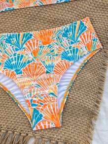 Swim Vcay Conjunto de bikini de 2 piezas con decoración de conchas marinas, estilo halter y cintura alta, para vacaciones en la playa, disponible en varios colores para mujeres