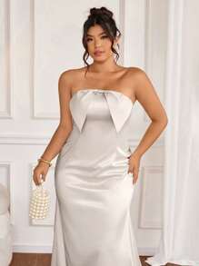 Elenzga Elegante y glamuroso vestido formal de color champán con escote asimétrico, espalda descubierta, lazo, cierre invisible, que estiliza la cintura, con cola de pez y abertura lateral, talla grande