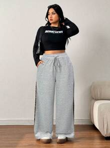 SHEIN EZwear Pantalones de talla grande con estampado de leopardo y patchwork, de moda, para otoño/invierno