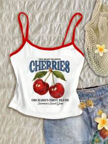 Attitoon Women's Casual Simple Cherry & Letter Print Graphic Tank Top, Suitable For Summer, Vacation, Spring Break, Girls Trip, Back To School Season Women Tank Tops Summer Crop Tops Women Cherry Tank Top Graphic Tank Tops Women Summer Crop Tops Suitable For Going Out - Multicolor - View 1
