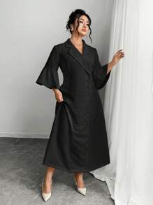 Modelyn Vestido elegante de talla grande para mujer de verano, de unicolor, con cuello de solapa, abotonadura única y mangas acampanadas - Negro - Ver 5