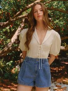 WESTFADE 高腰抽绳腰部宽松 A 字形棉混纺牛仔短裤乡村西部女牛仔风 - 中等水洗藍 - 查看 1