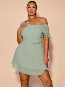 SHEIN BAE Váy xòe cổ lệch thanh lịch lãng mạn cho khách dự tiệc cưới cỡ lớn dành cho nữ - màu xanh lá - Xem 7