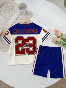 SHEIN Set de 2 piezas de estilo deportivo casual para niñas, con estampado gráfico de nombre de ciudad clásico, número 24 impreso, camiseta de manga corta de cuello redondo y pantalones cortos, adecuado para el verano