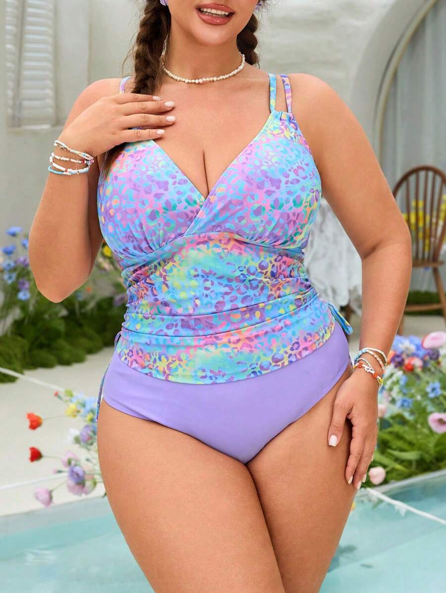 Swim Lushoire Plus Size Women Colorful Leopard Print Pleated Waist Tie Up Spaghetti Strap Tankini Set With Regular Bottom, Casual Beachwear Suitable For Holiday, Summer Beach Party