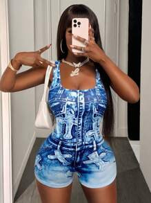 BamGleam Bộ đồ liền thân in họa tiết denim toàn thân cho nữ - Nhiều màu - Xem 3