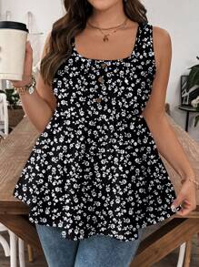 SHEIN LUNE 加大码花卉印花吊带背心和背心，适合夏季度假 - 黑與白 - 查看 1