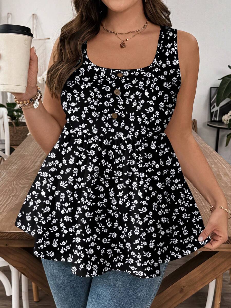 SHEIN LUNE 加大码花卉印花吊带背心和背心，适合夏季度假 - 黑與白 - 查看 1