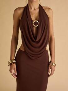 SHEIN BAE 夏季女式金属扣露背透视上衣和女式鱼尾中长裙两件套女式两件套女式棕色两件套 - 棕色 - 查看 8