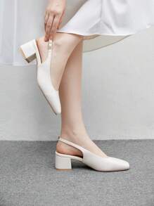 CUCCOO BIZCHIC 女士经典踝带露跟平底鞋，米色 PU 皮革低跟粗跟鞋，适合工作、约会、派对、度假和日常穿着 - 糯米白色 - 查看 5