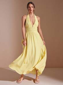 L'Amorae 女式露背波浪边褶皱细节纹理面料开衩上衣 - 黃色 - 查看 3