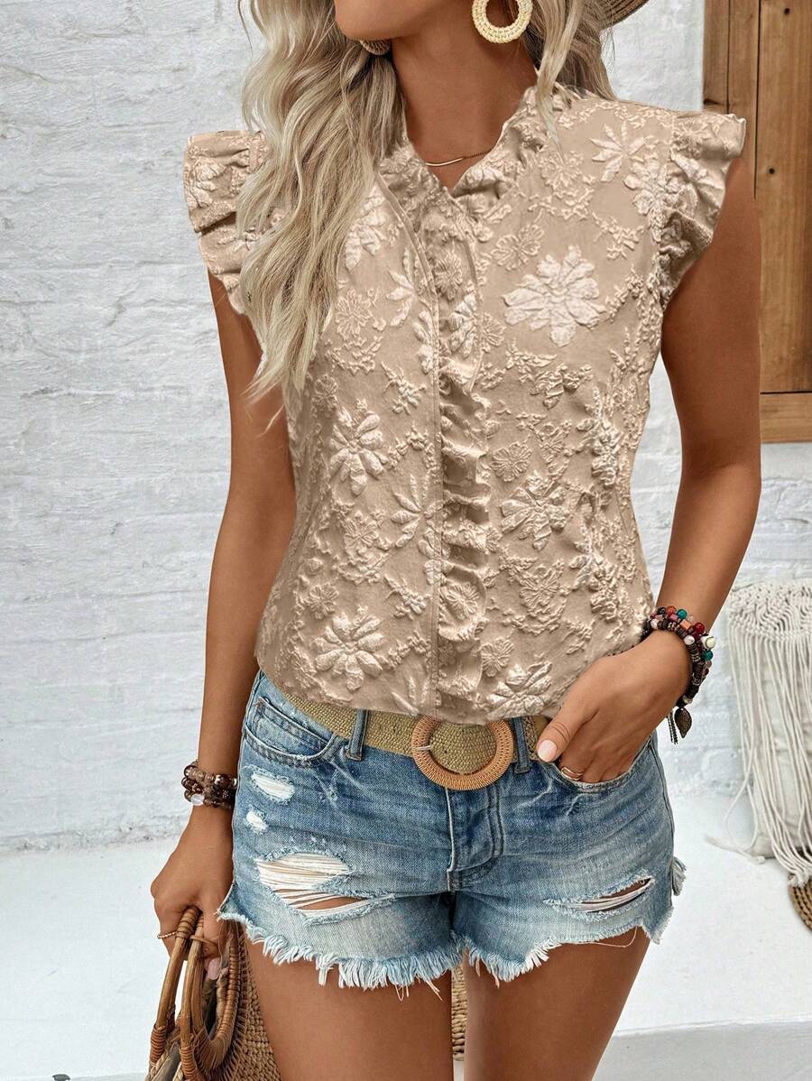 SHEIN LUNE Damen Lässig Blumen Muster Kurzarm Schleife Bluse, für Alltag & Urlaub - Khaki - Übersicht 1