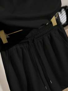 SHEIN 2pcs/Set Women Summer Raglan Sleeve Casual Loose Black T-Shirt Set