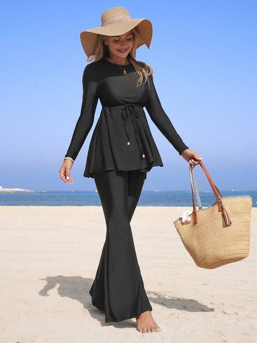 Swim Mulvari Bộ 2 món/bộ đồ bơi kín đáo cổ tròn tay dài màu trơn cho nữ, áo cạp chun rút và quần ống rộng - màu đen - Xem 1