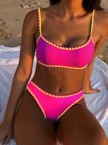 Swim Vcay 2pcs/Set Fuchsia & Yellow Contrast Color Shell Trim Adjustable Strap Women Bikini Set, Spring/Summer 2026