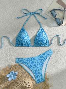 Swim Mod Conjunto de bikini sexy para mujer con parte superior de tirantes y Bottom tipo braga, estampado todo sobre, para playa de verano. Traje de baño de 2 piezas con estampado aleatorio - Azul - Ver 1